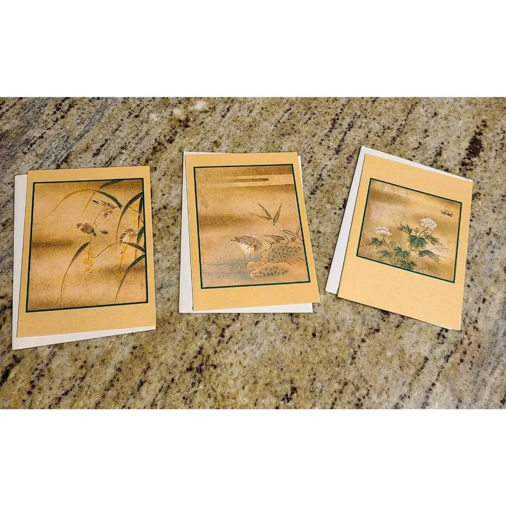 3 Kano Tanyu Blank Cards. Shimmer. Butterfly Mallow, Sparrows, Crane Lotus Pond